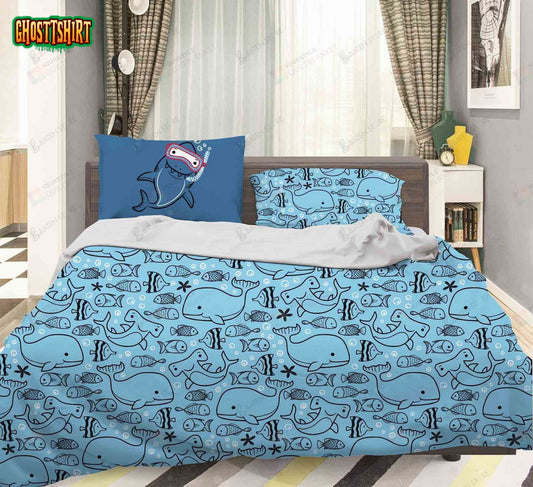 3D Cartoon Blue Fishes Bed Sheets Duvet Cover Bedding Set