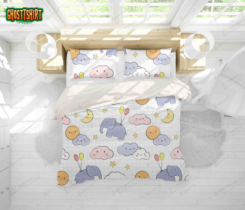 3D Cartoon Elephant Up The Cloud Bed Sheets Duvet Cover Bedding Set