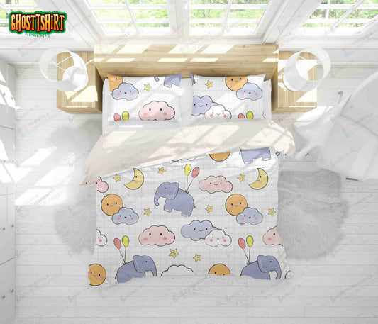 3D Cartoon Elephant Up The Cloud Bed Sheets Duvet Cover Bedding Set