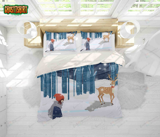3D Cartoon Forest Elk And Girl Bed Sheets Duvet Cover Bedding Set