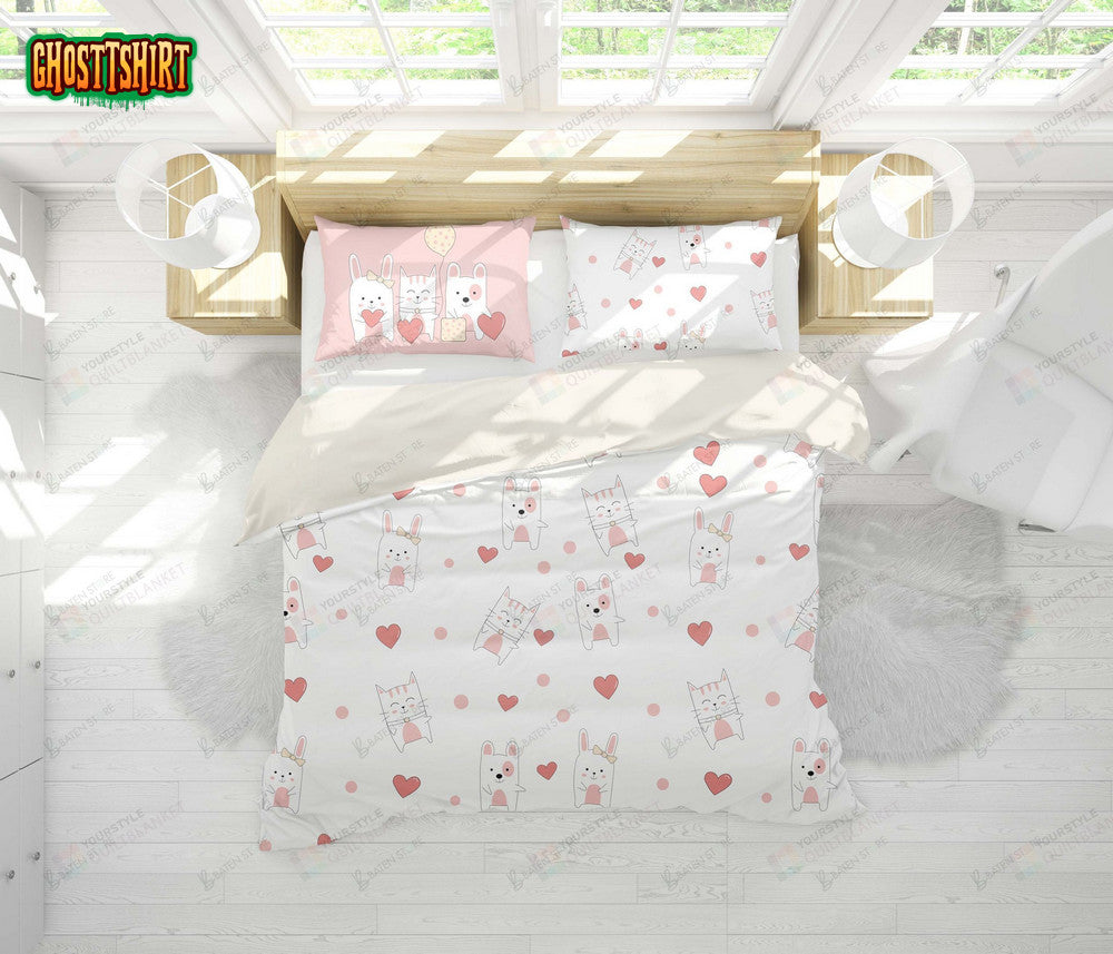 3D Cartoon Kitty, Puppy And Rabbit Bed Sheets Duvet Cover Bedding Set