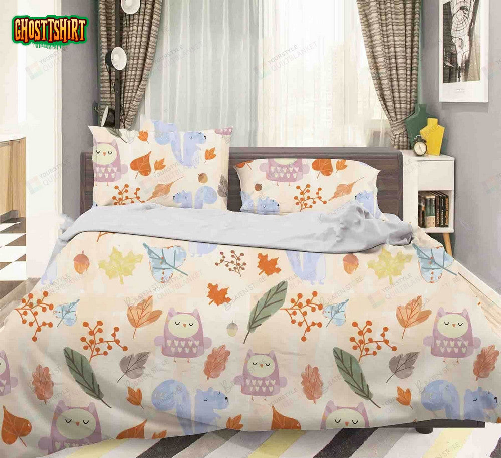 3D Cartoon Owl Leaf Bed Sheets Spread Duvet Cover Bedding Set