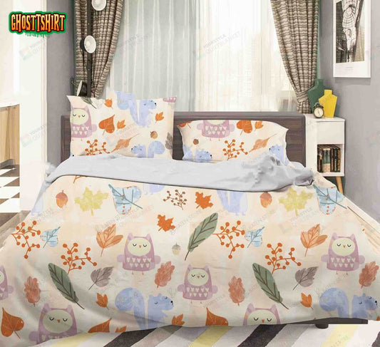 3D Cartoon Owl Leaf Bed Sheets Spread Duvet Cover Bedding Set
