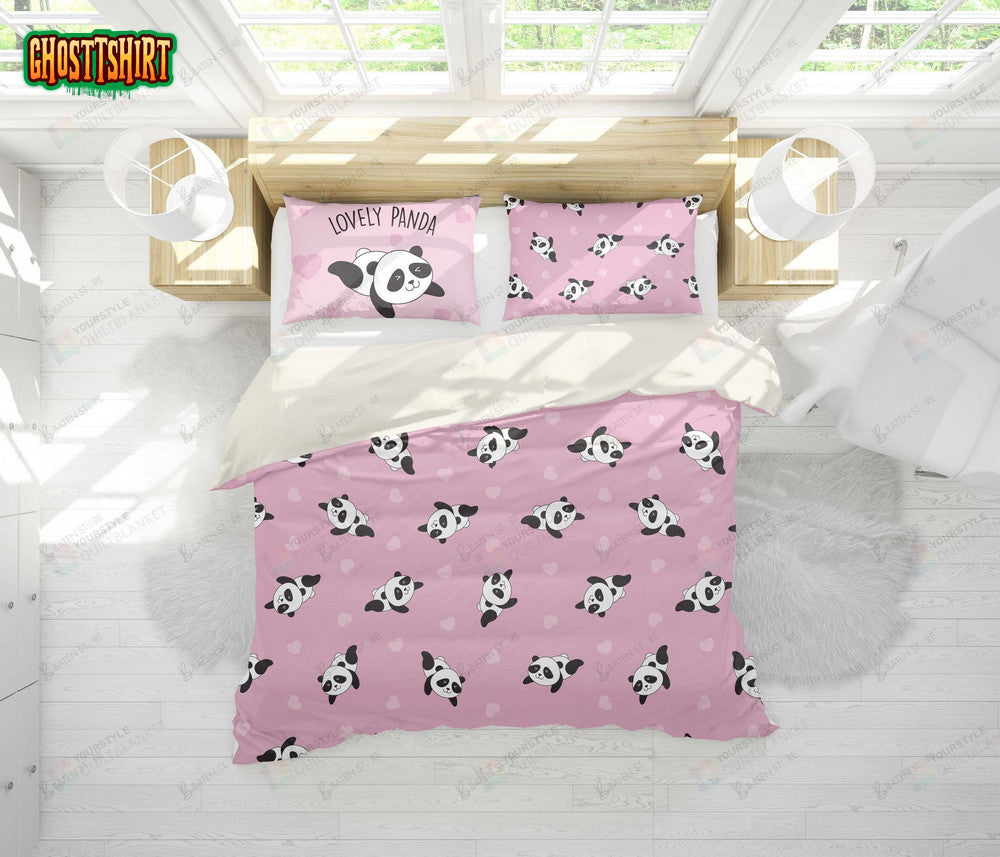 3D Cartoon Panda Pink Bed Sheets Duvet Cover Bedding Set