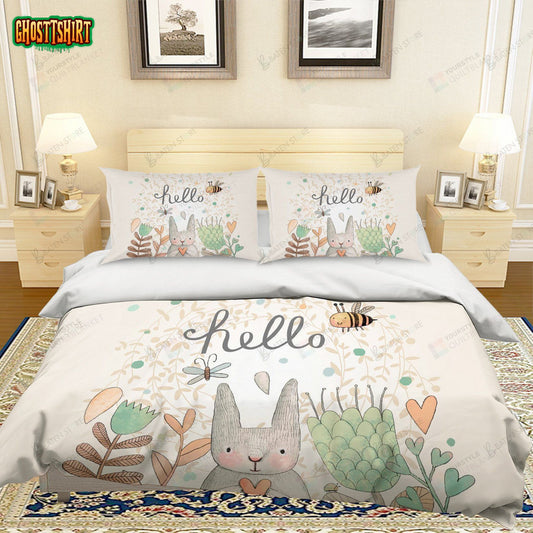 3D Cartoon Rabbit Flower Hello Bed Sheets Duvet Cover Bedding Set