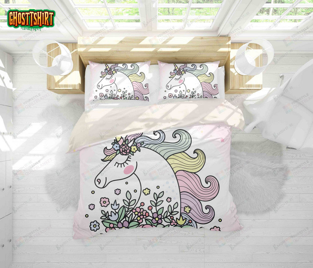 3D Cartoon Unicorn And Flowers Bed Sheets Duvet Cover Bedding Set