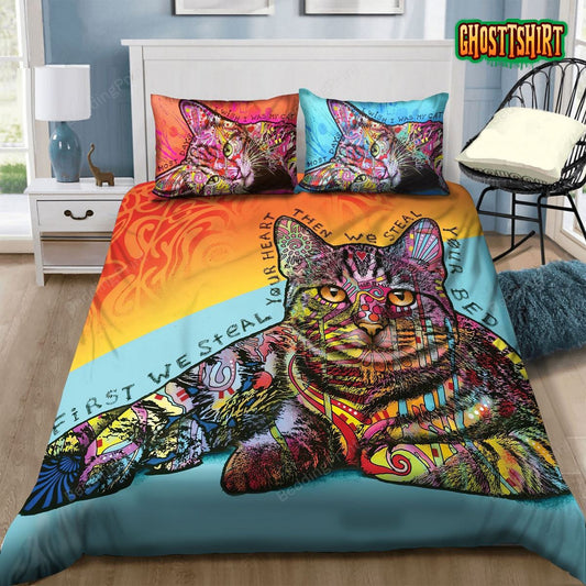 3D Cat First We Steal Your Heart Then We Steal Your Bed Bed Sheets Duvet Cover Bedding Set