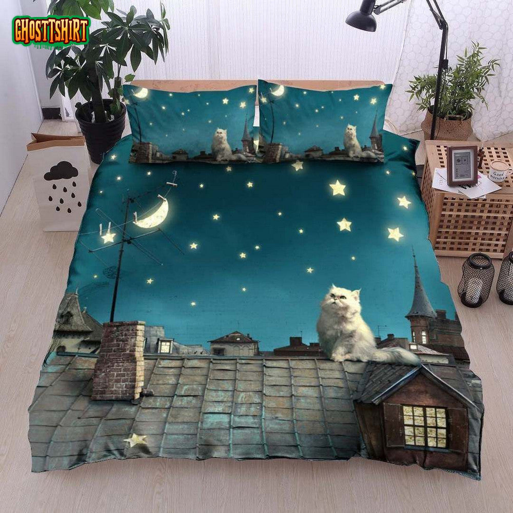 3D Cat On The Roof At The Moon Night Bed Sheets Duvet Cover Bedding Set