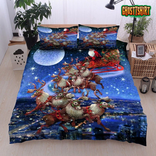 3D Christmas Reindeer With Santa Claus Bed Sheets Duvet Cover Bedding Set