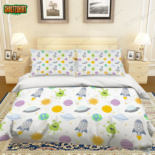 3D Colorful Cartoon Space Rocket Bed Sheets Duvet Cover Bedding Set