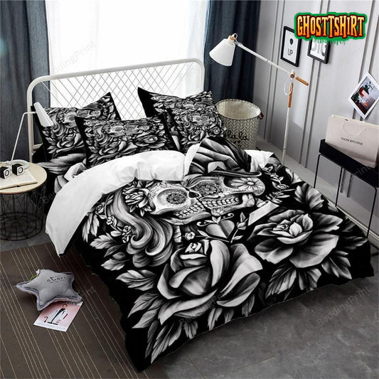 3D Couples Rose Sugar Skull King Queen Duvet Cover Bedding Set