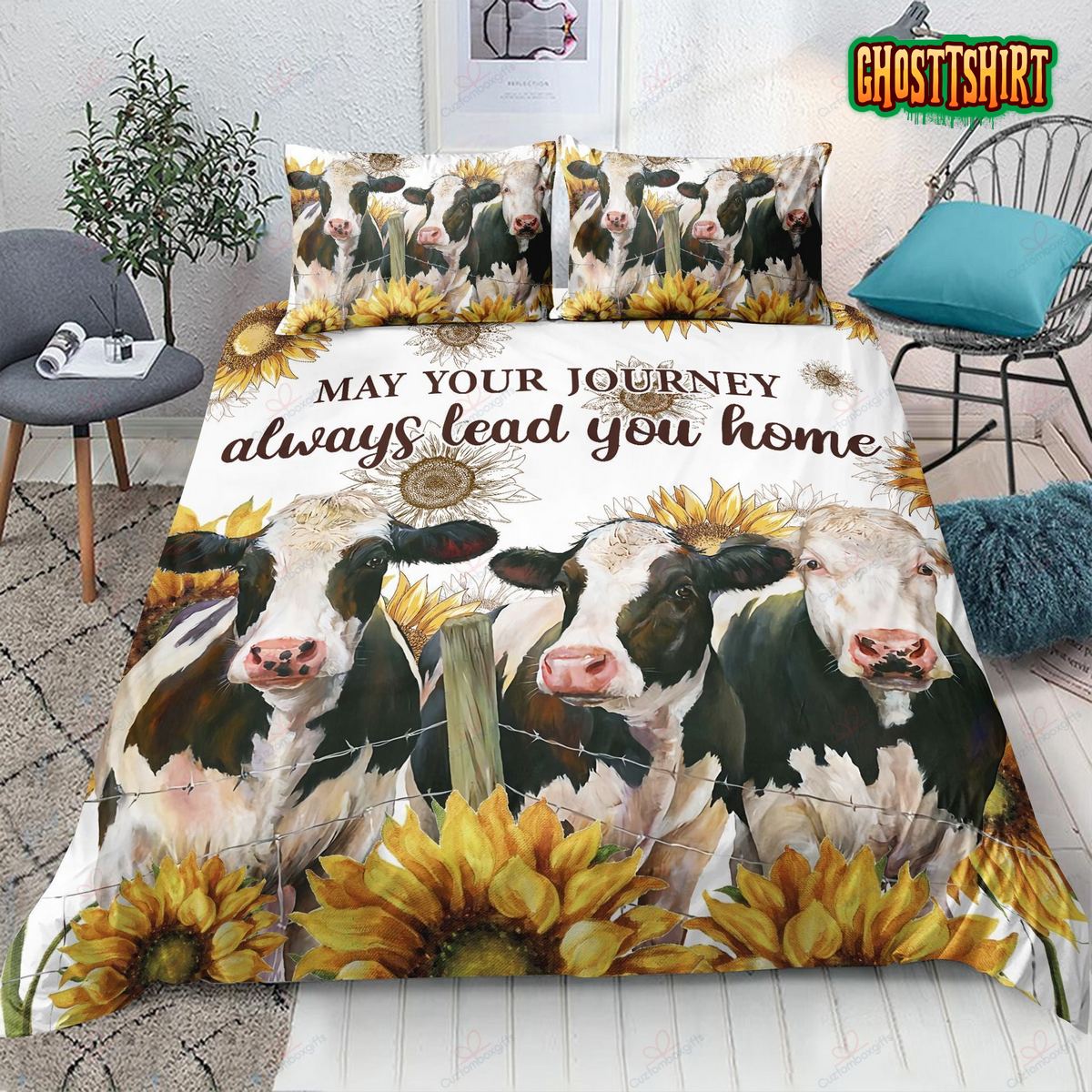 3D Cow Sunflower May Your Journey Always Lead You Home Bed Sheets Duvet Cover Bedding Set