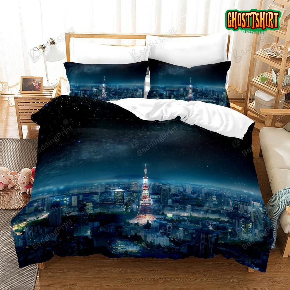 3D Dark City Building Tokyo Tower Bed Sheets Duvet Cover Bedding Set