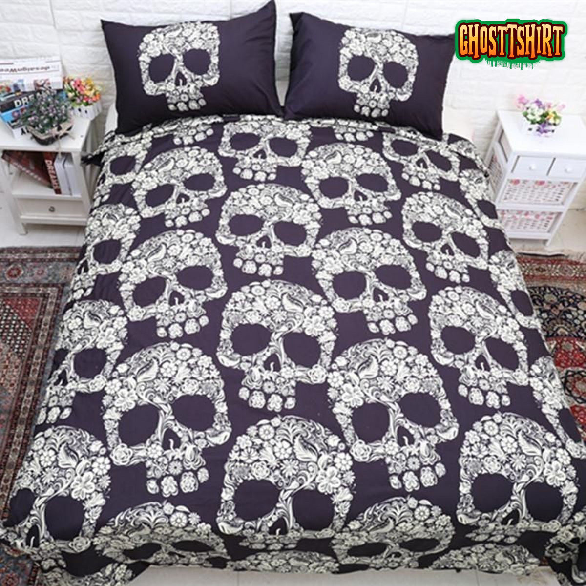 3D Flowers Skull Bed Sheets Duvet Cover Bedding Set