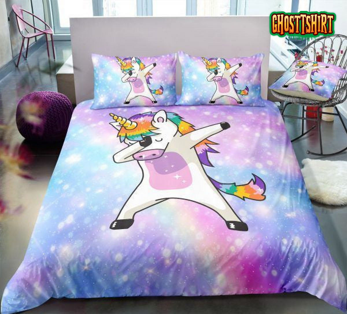 3D Galaxy Unicorn Dab Bed Sheets Duvet Cover Bedding Set