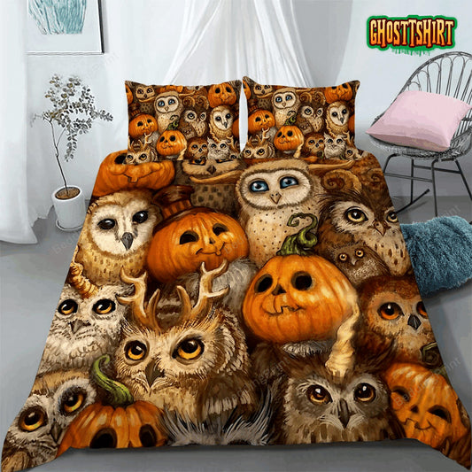 3D Halloween Owl Pumpkin Bed Sheets Duvet Cover Bedding Set