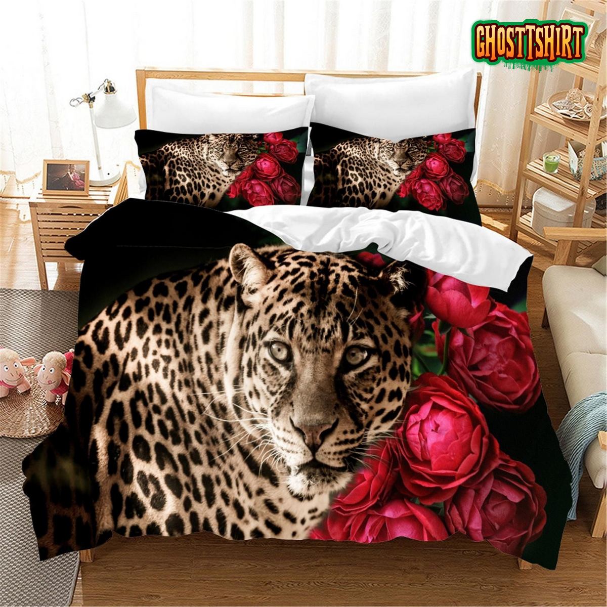 3D Leopard And Rose Bed Sheets Duvet Cover Bedding Set