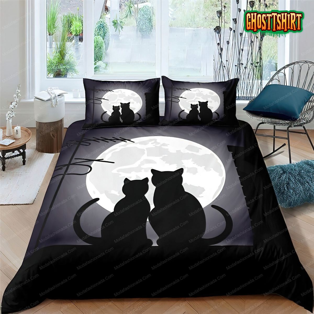 3D Moonlight Cat Black Bedding Set