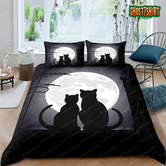 3D Moonlight Cat Black Bedding Set