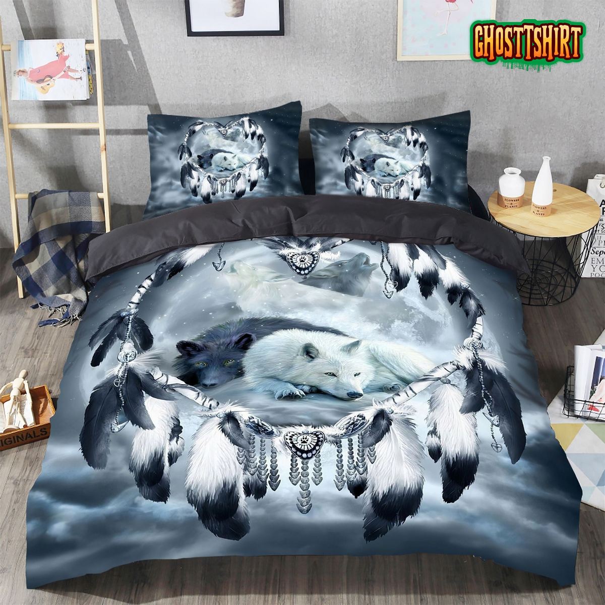 3D Native Black And White Wolf Bed Sheets Duvet Cover Bedding Set