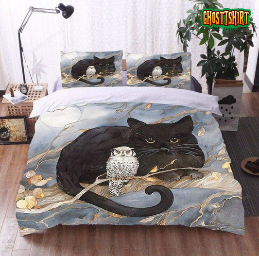 3D Owl And Black Cat Bed Sheets Duvet Cover Bedding Set