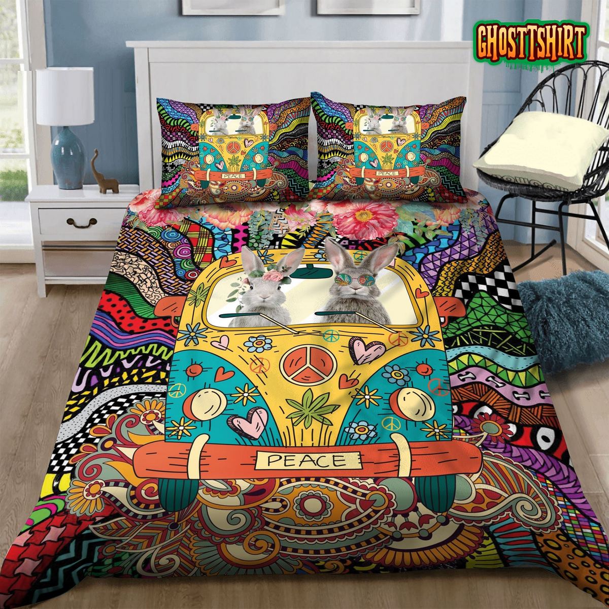 3D Rabbit Hippie On Peace Van Bed Sheets Duvet Cover Bedding Set