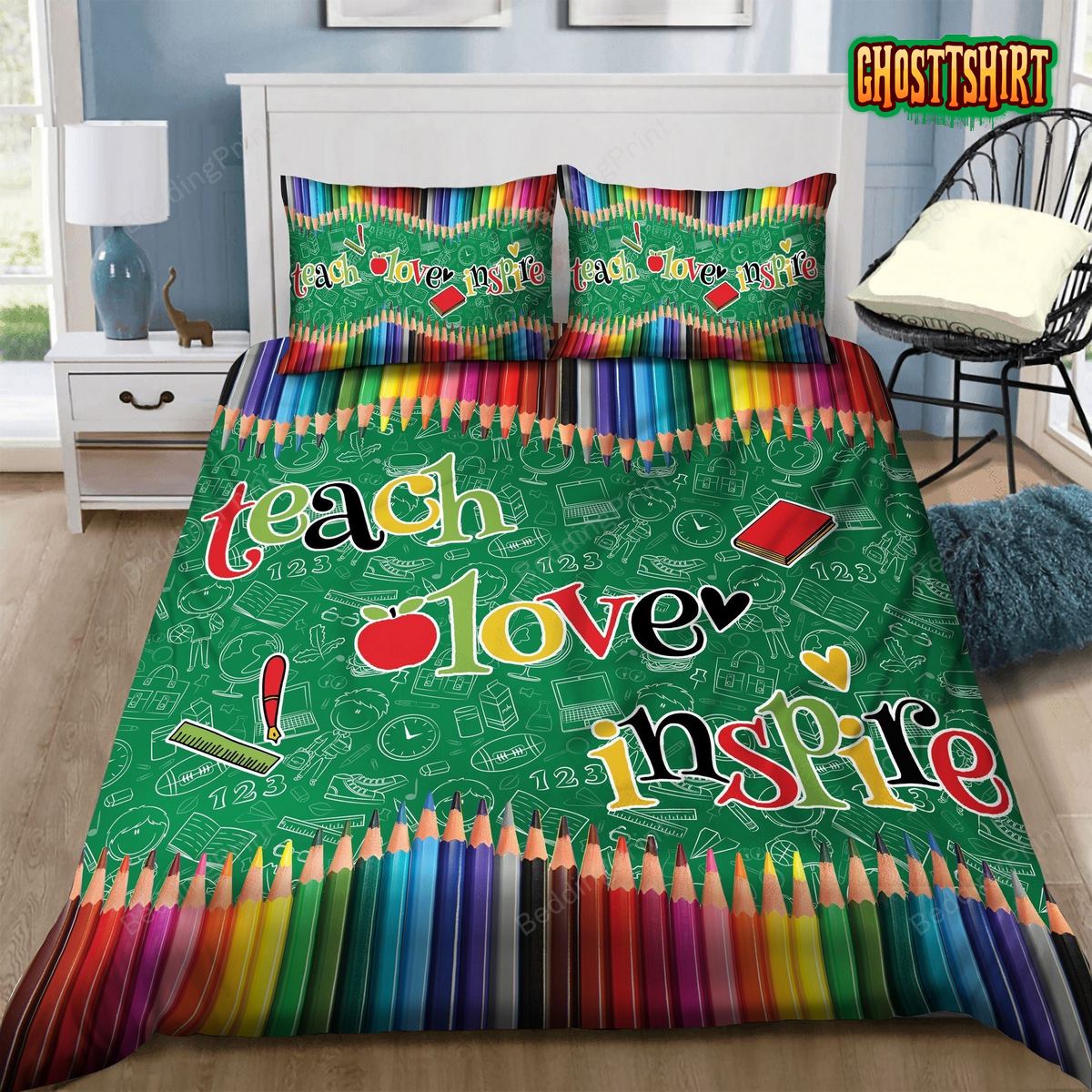 3D Teaching Crayon Teach Love Inspire Bed Sheets Duvet Cover Bedding Set