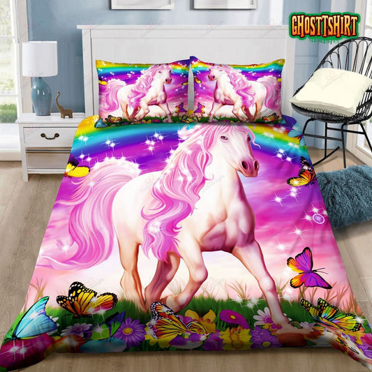 3D Unicorn And Butterfly Rainbow Bed Sheets Duvet Cover Bedding Set