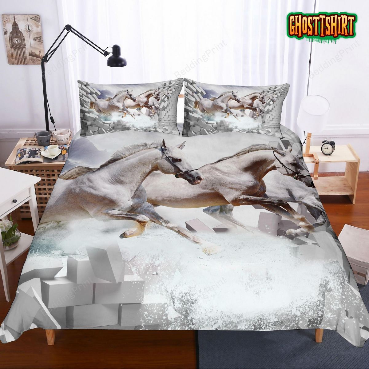 3D White Horses Bed Sheets Duvet Cover Bedding Set
