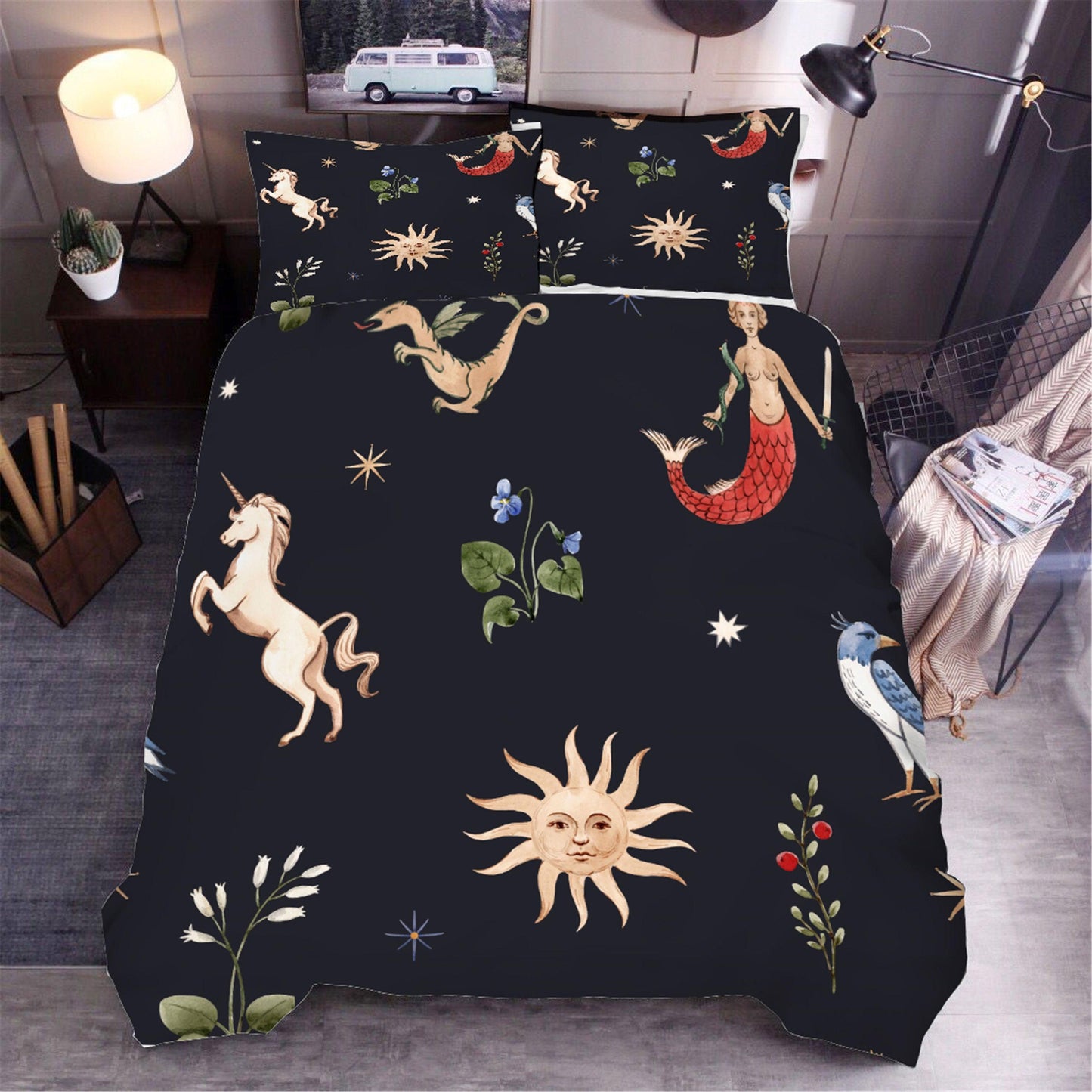 3D Black Floral Dinosaur Mermaid Unicorn Quilt Cover Set Bedding Set Duvet Cover Pillowcases SF04
