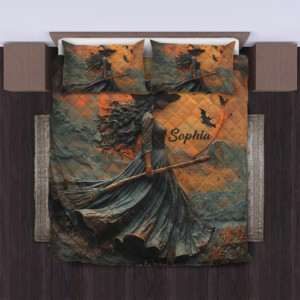 Beautiful Witch Personalized Name Witch Quilt Bedding Set, Perfect Gift For Halloween