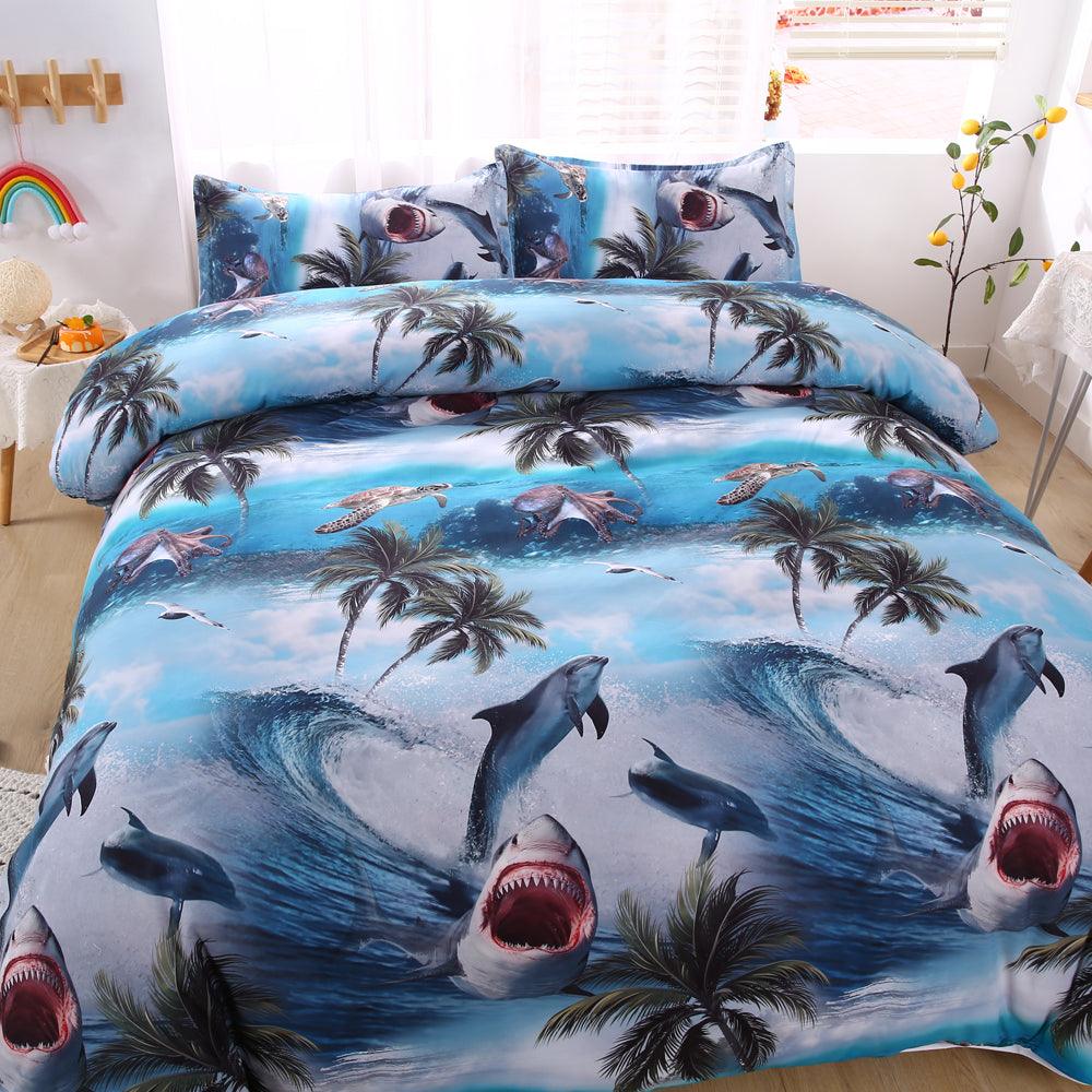 3D Blue Sea Coconut Tree Shark Quilt Cover Set Bedding Set Duvet Cover Pillowcases 509