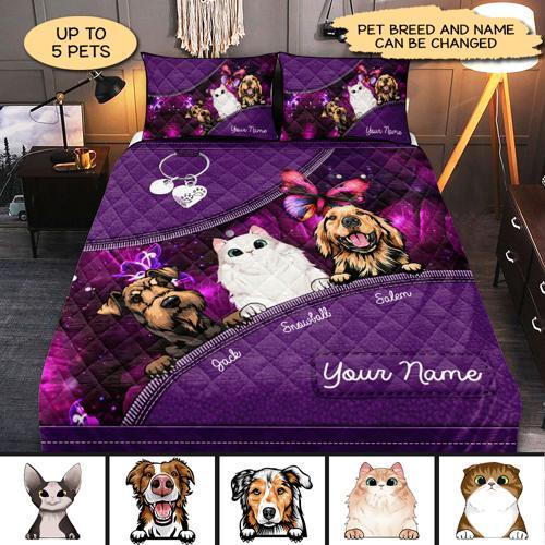 Cat And Dog Butterflies Purple Personalized Quilt Bedding Set