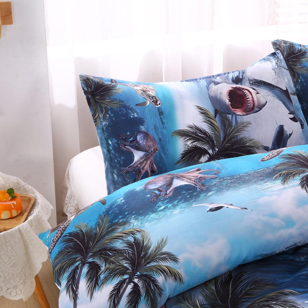 3D Blue Sea Coconut Tree Shark Quilt Cover Set Bedding Set Duvet Cover Pillowcases 509