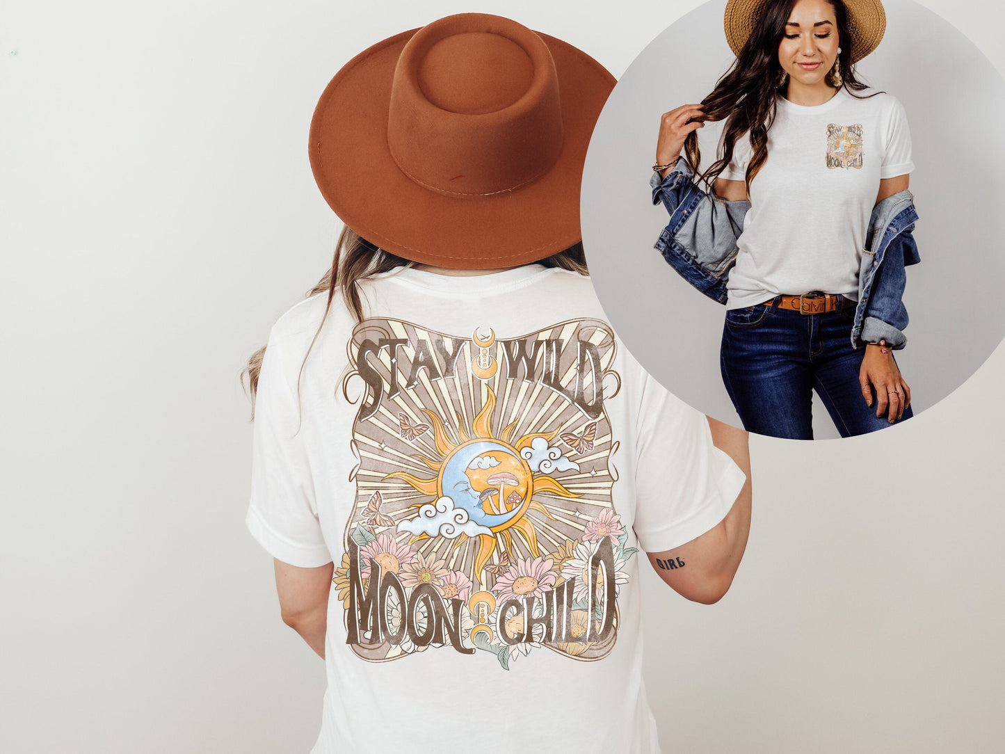Stay Wild Moon Child Front Pocket | Front and Back Two Sided Oversized Shirt | Mystical Trendy Boho TShirt | Hippie Tee 3001