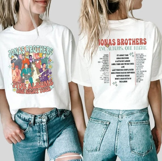 Jonas Brothers World Tour Double-Sided Shirts, Five Albums One Night The Tour 2023 Shirts
