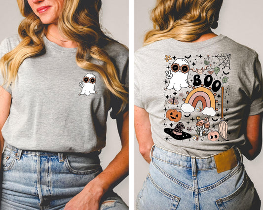 Front and Back Shirt Halloween Specter Shirt, Ghost Witch Bat Pumpkin Rainbow Shirt