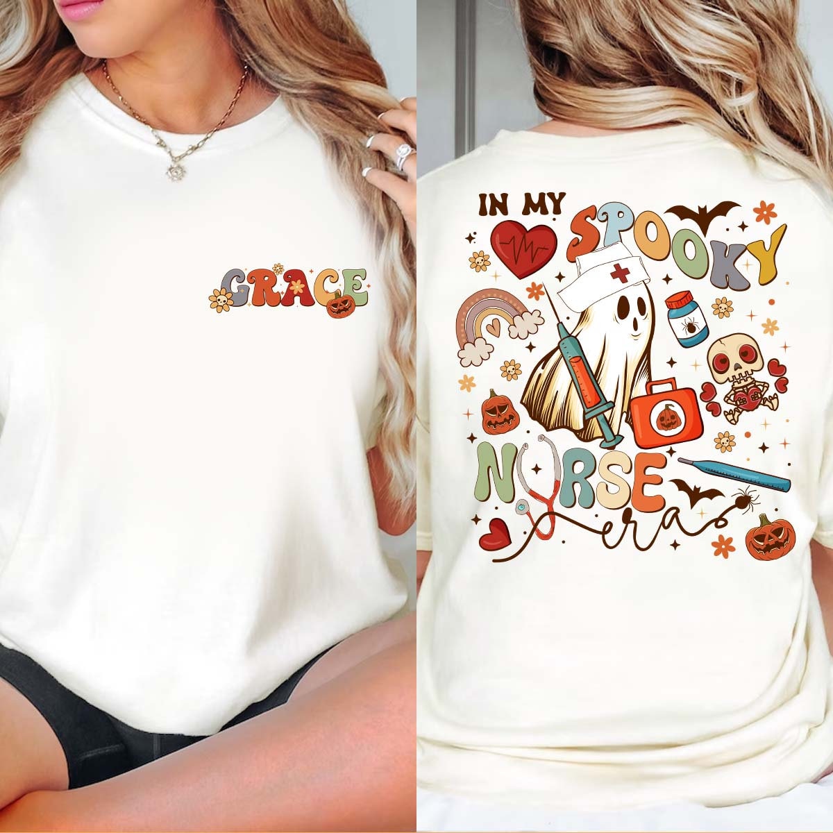Spooky Nurse Halloween Ghost Shirt, Two-Sided Halloween Shirt