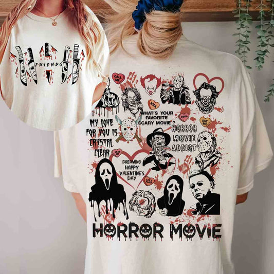 Horror Movie Friends Characters Double Sided T-Shirt, Halloween Sided T-Shirt