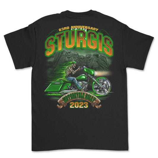 2023 Sturgis Motorcycle Rally Green Skeleton T-shirt - 83rd Anniversary