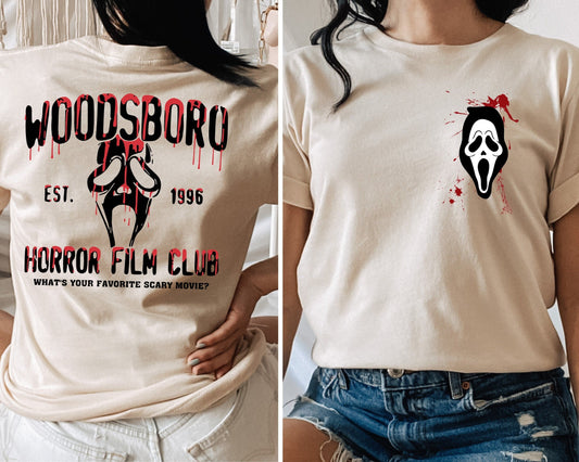 Woodsboro Horror Film Club T-Shirt,Woodsboro Scream,Scream Ghost Tee,Bloody and Gruesome Face,Halloween 2023