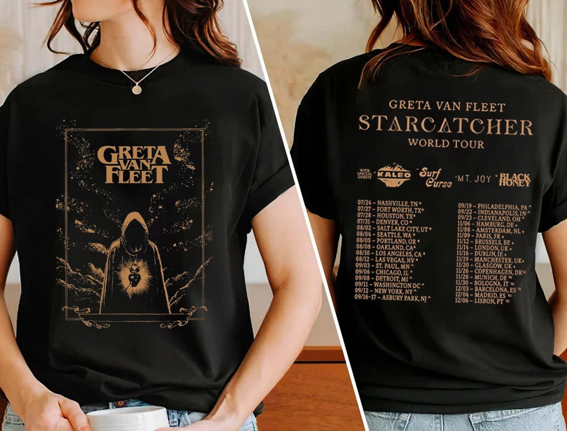 Graphic Greta Van Fleet Starcatcher World Tour 2023 T-shirt, Dream In Gold Tour Shirt