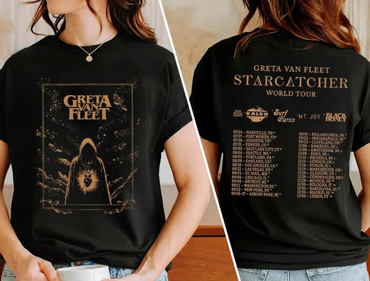 Graphic Greta Van Fleet Starcatcher World Tour 2023 T-shirt, Dream In Gold Tour Shirt