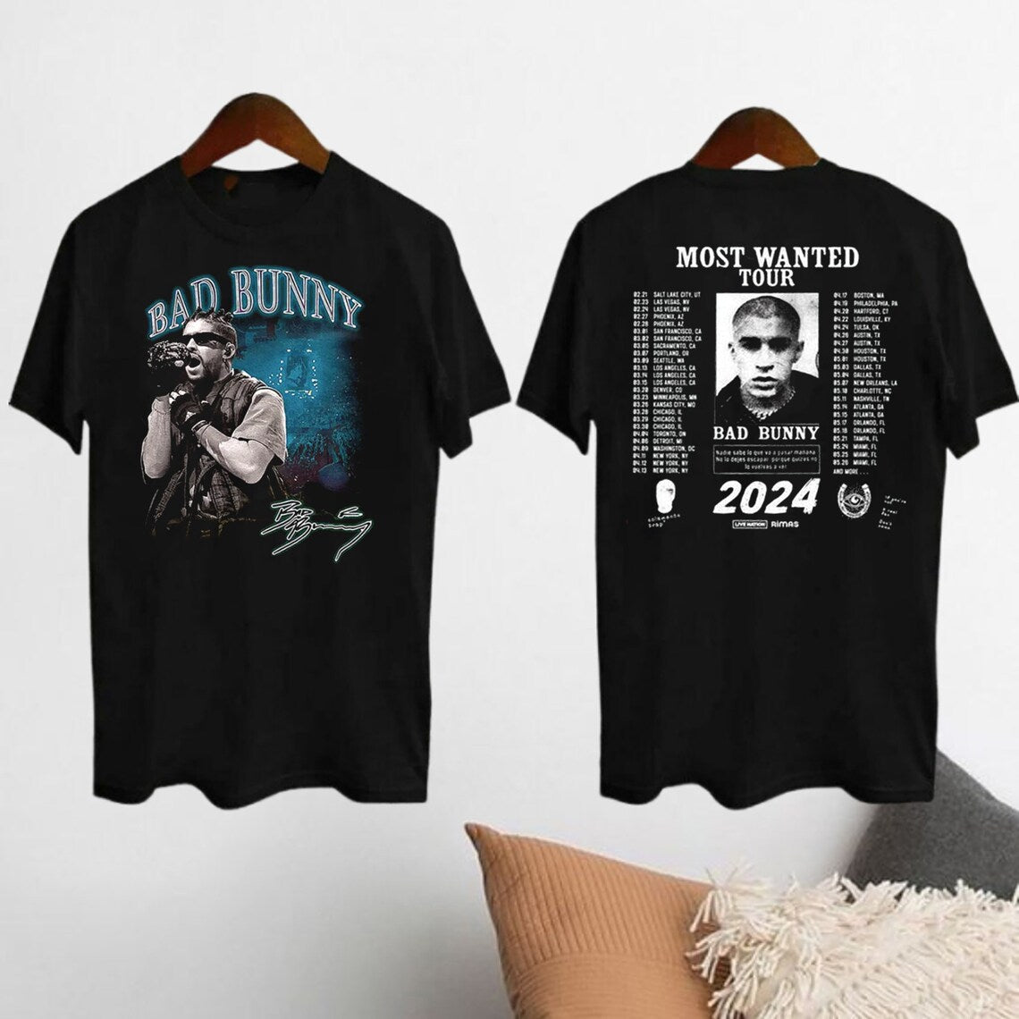 Bad Bunny Signature Shirt 2024 Most Wanted Tour Bad Bunny Double Sided T-Shirt