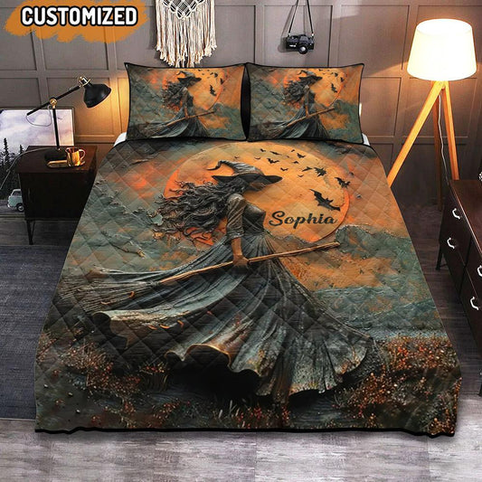 Beautiful Witch Personalized Name Witch Quilt Bedding Set, Perfect Gift For Halloween
