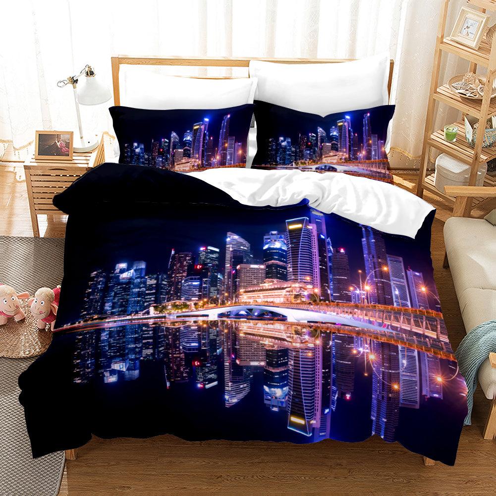 3D Black Blue Purple City Building Skyscraper Night Quilt Cover Set Bedding Set Pillowcases 25