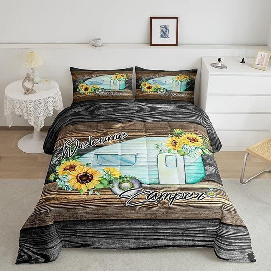 Personalized Rustic Farmhouse Sunflowers Print Set 3-Piece Duvet Cover Bedding Set