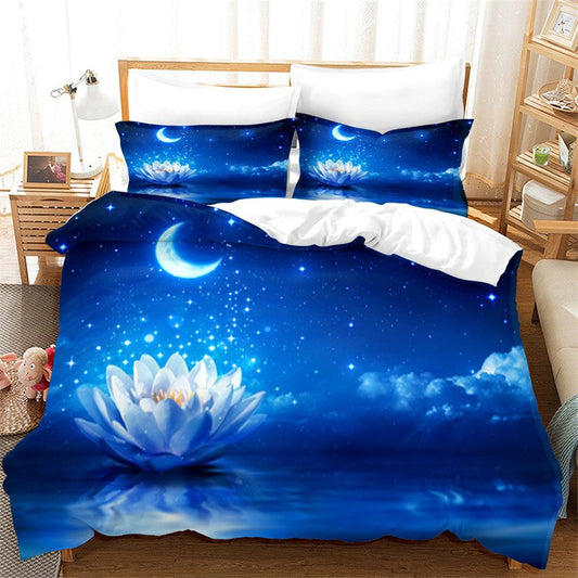 3D Blue Starry Sky Moon Lotus Quilt Cover Set Bedding Set Duvet Cover Pillowcases 172
