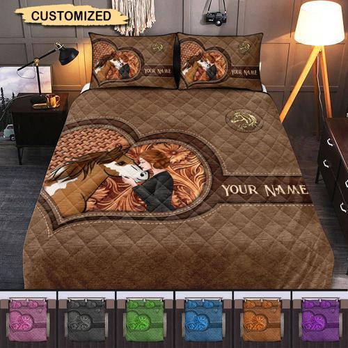 Brown Heart Personalized Girl And Horse Quilt Bedding Set