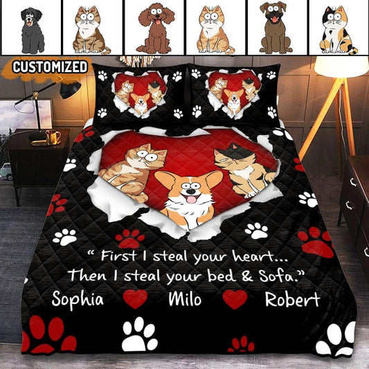 First We Steal Your Heart Personalized Quilt Bedding Set 3pcs For Dog And Cat Lovers